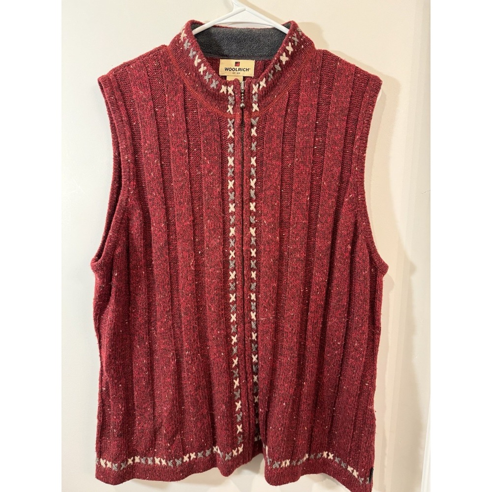 Woolrich Sweater Vest Womens XL Red Knit Full Zip Embroidered Cross Cross Stitch - Picture 1 of 6